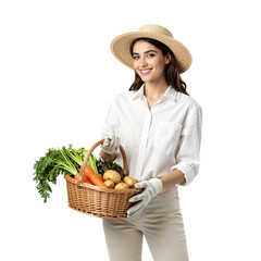 Young woman in gardening gloves holding a basket of vegetables