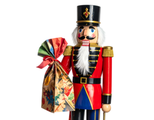 Wooden soldier in festive attire holding a decorated gift bag against a black backdrop