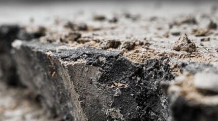 Heavily damaged concrete surface texture, spalled cement showing rough aggregate underneath, crumbling edges, aged and decayed industrial background, detailed macro shot 