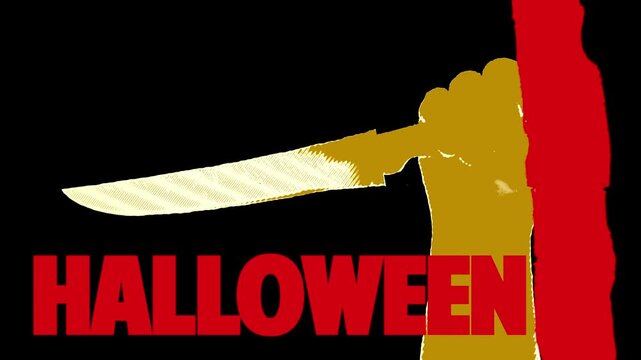 Graphic of an animated hand clutching a knife ready to stab, with the word Halloween and blood dripping down turning the screen to red.