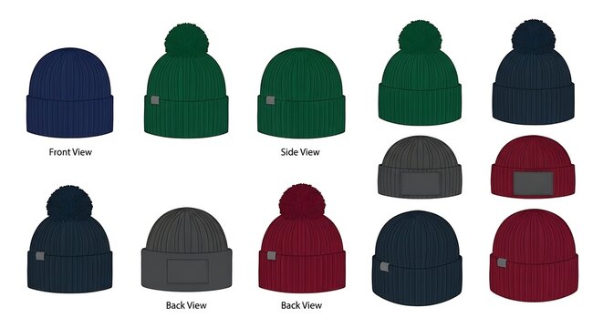 Vector illustration set of winter beanie hats in various colors and styles for apparel design templates.
