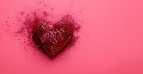 Glittering red heart shape with sparkling particles exploding on a vibrant pink background. Celebrating love and romance