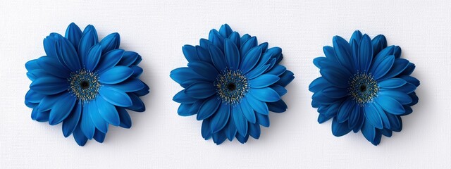Three vibrant blue gerbera daisies creating a horizontal pattern on a textured white surface, offering ample copy space