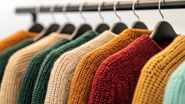 Cozy knit sweater with warm wool fabric and soft texture on hanger row, neutral autumn color fashion clothing garment for wardrobe and retail