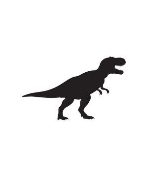 A striking black silhouette illustration of a tyrannosaurus rex on a clean white background
