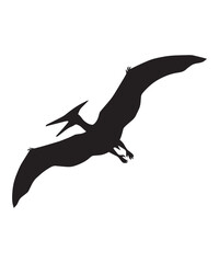Black silhouette illustration of a prehistoric pterodactyl flying isolated on a white background