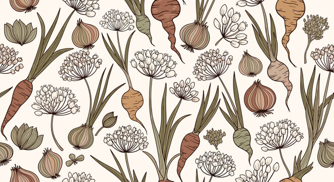 A seamless pattern of hand-drawn root vegetables and blooming onions in earthy tones, creating a rustic and organic food-themed background.