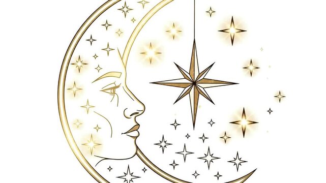 Golden Crescent Moon Face with Starburst and Stars Animated Background Loop