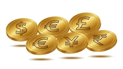Golden Currency Coins with Dollar Euro Yen Rupee Symbols