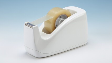 White tape dispenser with clear adhesive tape, an essential office and crafting supply, set against a clean blue background.