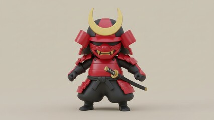Chibi Samurai Character in Red Armor with Katana and Demon Mask