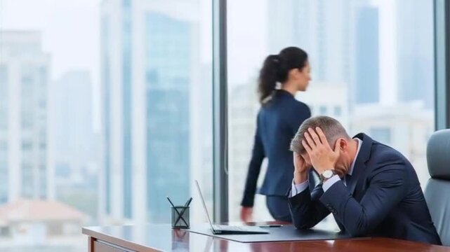 Young professional standing nervously in office facing strict boss after making a big mistake, tense workplace moment, anxiety, stress, accountability, professional pressure - Generative AI