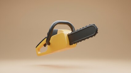 Stylized Yellow Chainsaw Power Tool, 3D Rendered on Isolated Beige Background