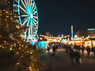 Christmas market with illuminated ferris wheel festive holiday fair seasonal celebration attraction winter entertainment venue carnival lighting display defocused amusement,Festive Winter Holiday Fair