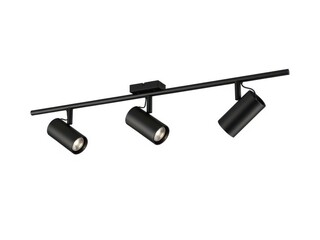 Modern black three head adjustable track lighting fixture isolated on transparent background
