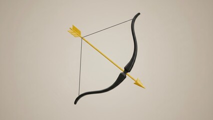 Minimalist black bow and yellow arrow, nocked and ready for shot, 3D rendered on a neutral studio background.