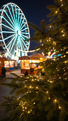 Christmas market with illuminated ferris wheel festive holiday fair seasonal celebration attraction winter entertainment venue carnival lighting display defocused amusement,Festive Winter Holiday Fair