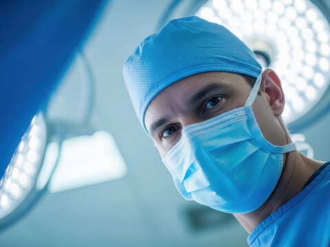 Surgeon wearing blue surgical mask and cap in operating room