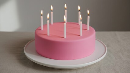 Pink Birthday Cake with Seven Lit Candles on White Plate for Celebration