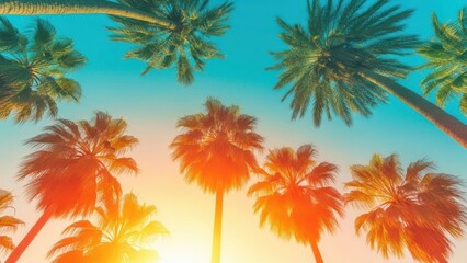 palm trees reaching for a bright sun in a captivating tropical sky 