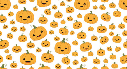 Obraz premium A seamless and fun Halloween pattern of cute, smiling kawaii-style cartoon pumpkins with various expressions on a white background.