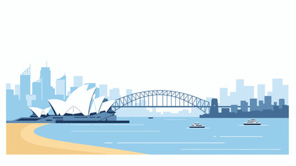 Naklejka premium Iconic Sydney Skyline: Opera House, Harbour Bridge & Cityscape. Flat Vector Illustration for Travel & Tourism