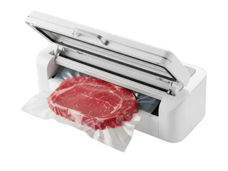 Vacuum sealer machine sealing a raw steak isolated on transparent background