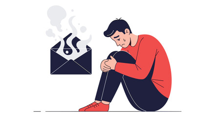 A sad and stressed man sits with his head down next to a smoking, burning envelope representing bad news or email spam.