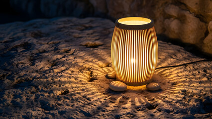Warm bamboo covered lamp is set on pebbles and casts striped shadows on a sandy surface, creating soft lighting