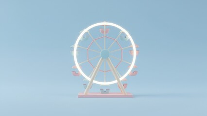 Minimalist Pastel Ferris Wheel with Neon Light on Blue Background