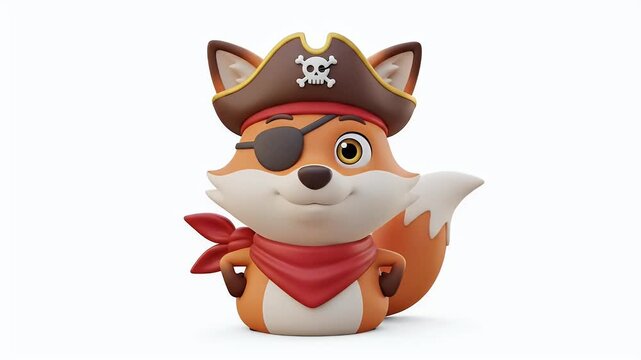 Cute Pirate Fox Wearing Eye Patch and Red Bandana Animated Character