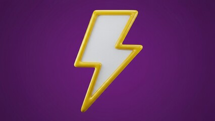 3D Rendered Lightning Bolt Icon with Glossy Yellow Border and White Fill on a Purple Background, Symbolizing Power, Speed, and Energy.