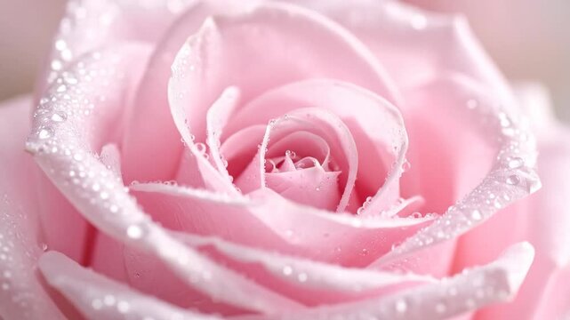 Close-up view of a delicate pink rose with water droplets, showcasing its soft petals and intricate details.