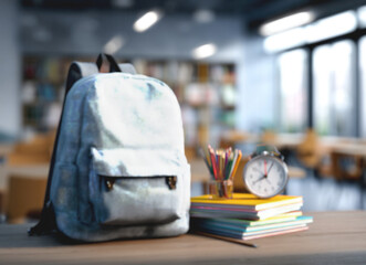 Light gray backpack, colorful notebooks, pencils, and clock on a wooden table in a blurred classroom setting