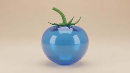 Shiny Blue Tomato with Green Stem 3D Illustration on Beige Background