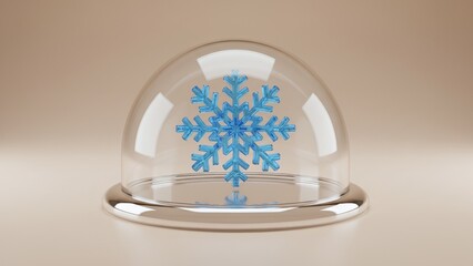 Isolated blue crystal snowflake displayed in a transparent glass dome with a shiny metallic base on a beige background.
