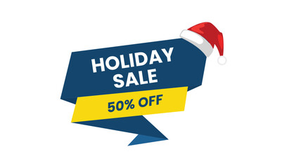 Holiday Sale Fifty Percent Off Ribbon Banner with Santa Claus Hat, Festive Retail Promotion Graphic