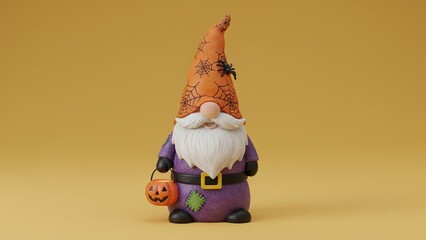 Festive Halloween Gnome in Purple Costume with Spiderweb Hat Holding Pumpkin Bucket