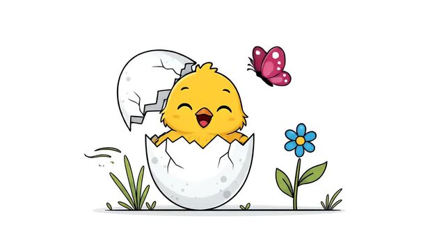Cute Pixel Art Chick Hatches From Egg With Butterfly Animation Loop