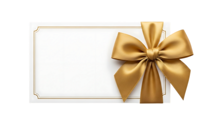 Elegant golden ribbon tied around a white gift card with ornate border on transparent background