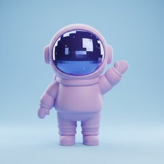 Cute 3D pink astronaut character waving hello. Stylized space explorer with pixelated galaxy reflection in helmet visor on a minimalist blue background.