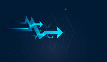 A tall central arrow leads thinner lines, representing a dominant market trend. with Futuristic gradients on a dark grid background evoke data dashboards and fintech