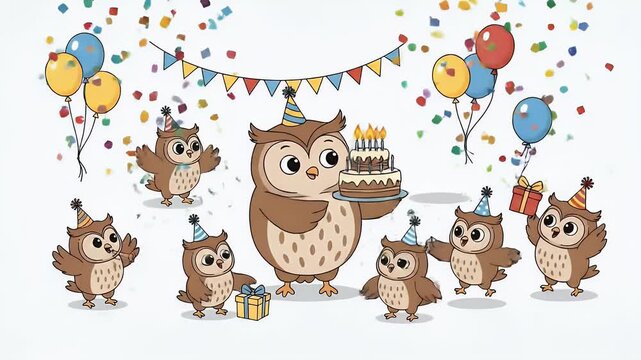 Cute Pixel Art Owl Family Birthday Party Celebration With Balloons And Cake