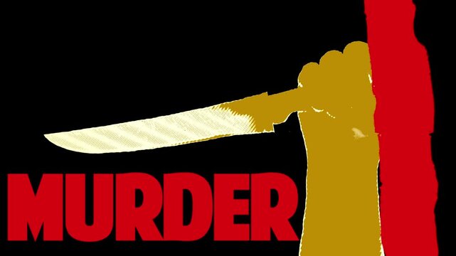 Graphic of an animated hand clutching a knife ready to stab, with the word murder and blood dripping down turning the screen to red.