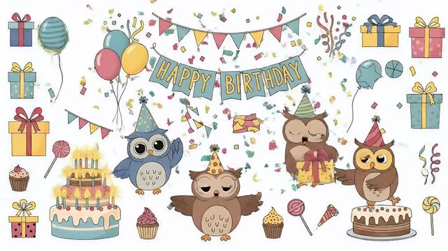 Cute Pixel Art Owls Celebrate Birthday With Cake Balloons Gifts Banners