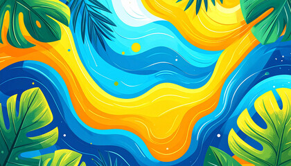 A painting of a sunset with palm trees and the sun in the background
3