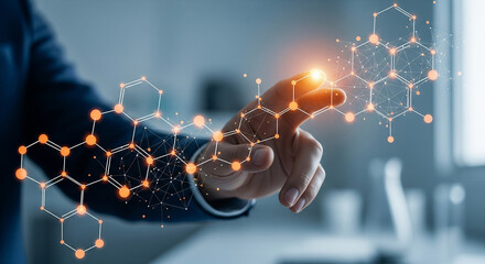 Innovative hand interacts with glowing digital network of molecular structures