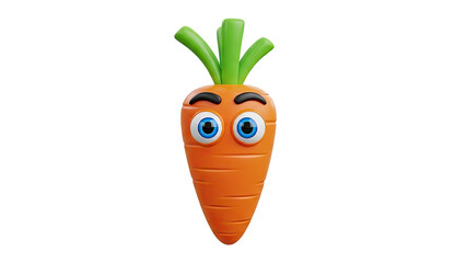 3D Funny cartoon carrot character with big eyes and green leaves on transparent background