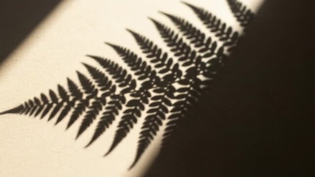 A close-up shot showcasing the delicate shadow of a fern leaf on a textured surface.
