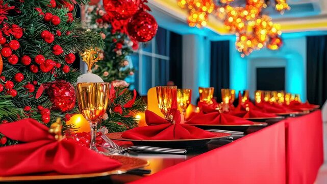 Festive table red napkin gold glass holiday decor Christmas tree warm light bokeh celebration elegant banquet candlelight berry wreath banquet hall